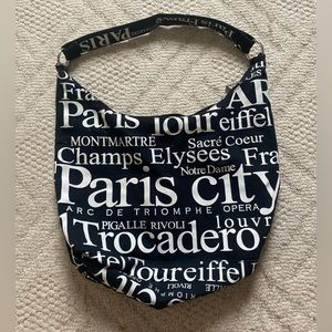Souvenir Tourist Bag from Paris, France. B&W. Landmarks listed in large fonts